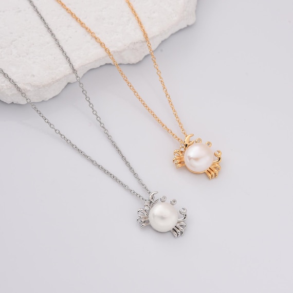 Gold Filled Silver Crab Pearl Necklace Pendant, Beach Ocean