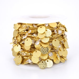 8mm Coin CZ Bead Chains 18K Gold Chain, Soldered with Flat Round Coin Charm, Dangling Tag Chain By Yard, Unfinished Chain Necklace CH076