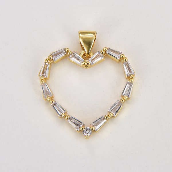 Baguette CZ Heart Charm, Gold Filled Micro Pave Clear Baguette Heart Pendant, Love Heart Charms for Bracelet Necklace Jewelry Making, CP1822