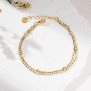Gold Filled Double Row CZ Micro Pave Tennis Bracelet, Stainless Steel Parts Adjustable Chain Bracelet, Dainty Charm Jewelry Gift, SBR025