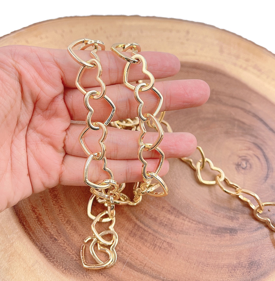 18K Heart Link Gold Chain by Yard, Lovely Heart Charm Chain in Gold