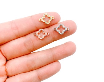 Conector de dije de trébol de cuatro hojas en oro de 14 quilates, conector de trébol, conector de micropavé de circonita cúbica para pulsera y collar de 17 x 12 mm, CN008