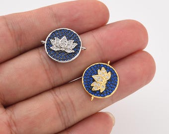 Lotus Blume Verbinder Charm in Gold Filled, blauer Kristall Runder Anhänger für DIY Schmuckherstellung, Minimalist Geschenk Charm für Armband, KN017
