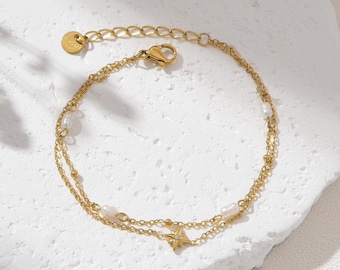 Pearl Star gelaagde armband in gold filled, roestvrijstalen onderdelen verstelbare sierlijke schakelarmband, parel sieraden cadeau voor vrouwen, SBR020