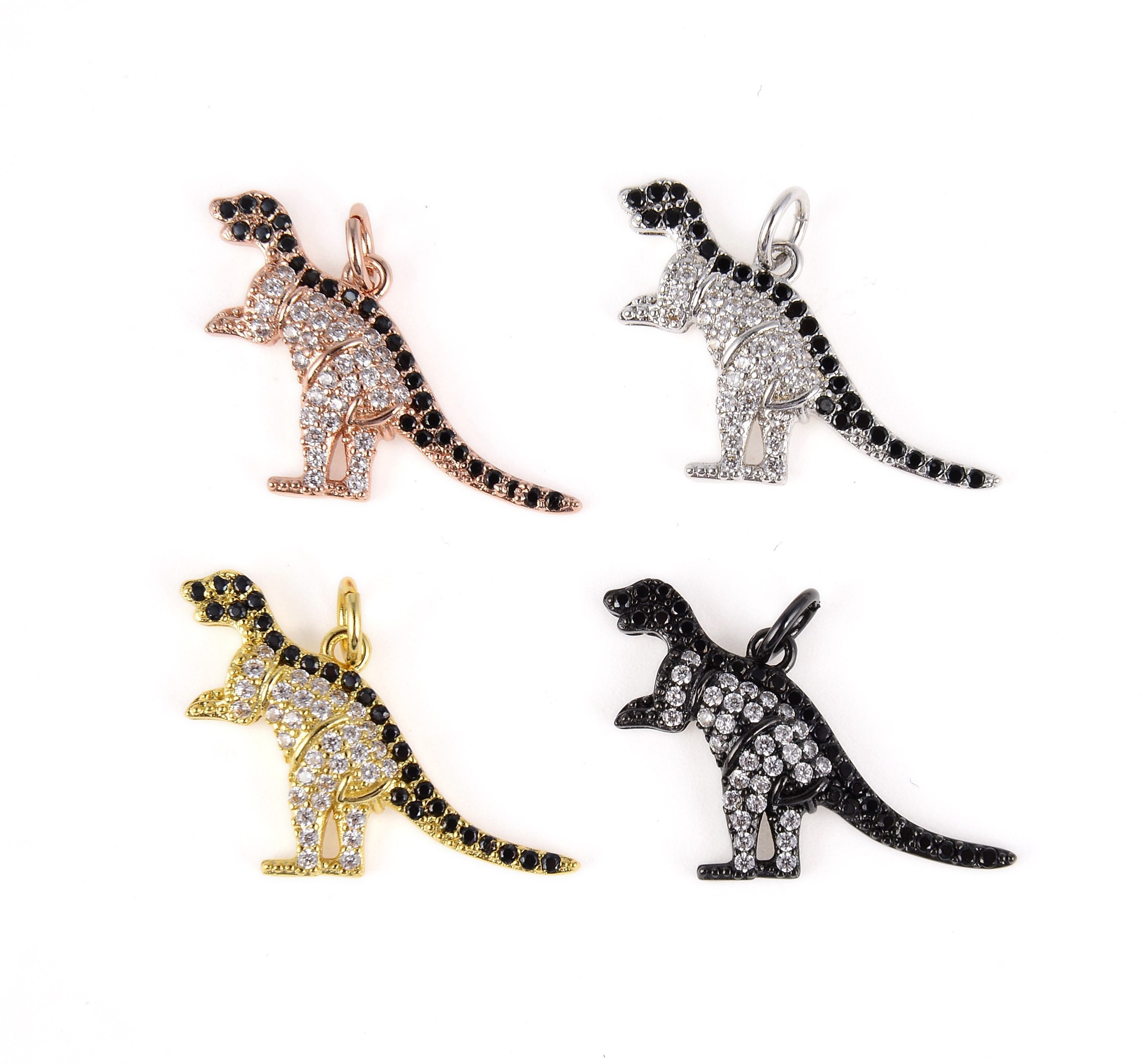 Dinosaur Charm Pendant in Gold Filled, Two-color CZ Micro Pave