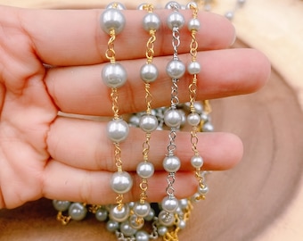 Parelkralenketting, grijze parel rozenkransketting, bulkketting, rondelle glaskralen, kralenketting, gouden ketting Sierlijke ketting kralenketting, CH155A