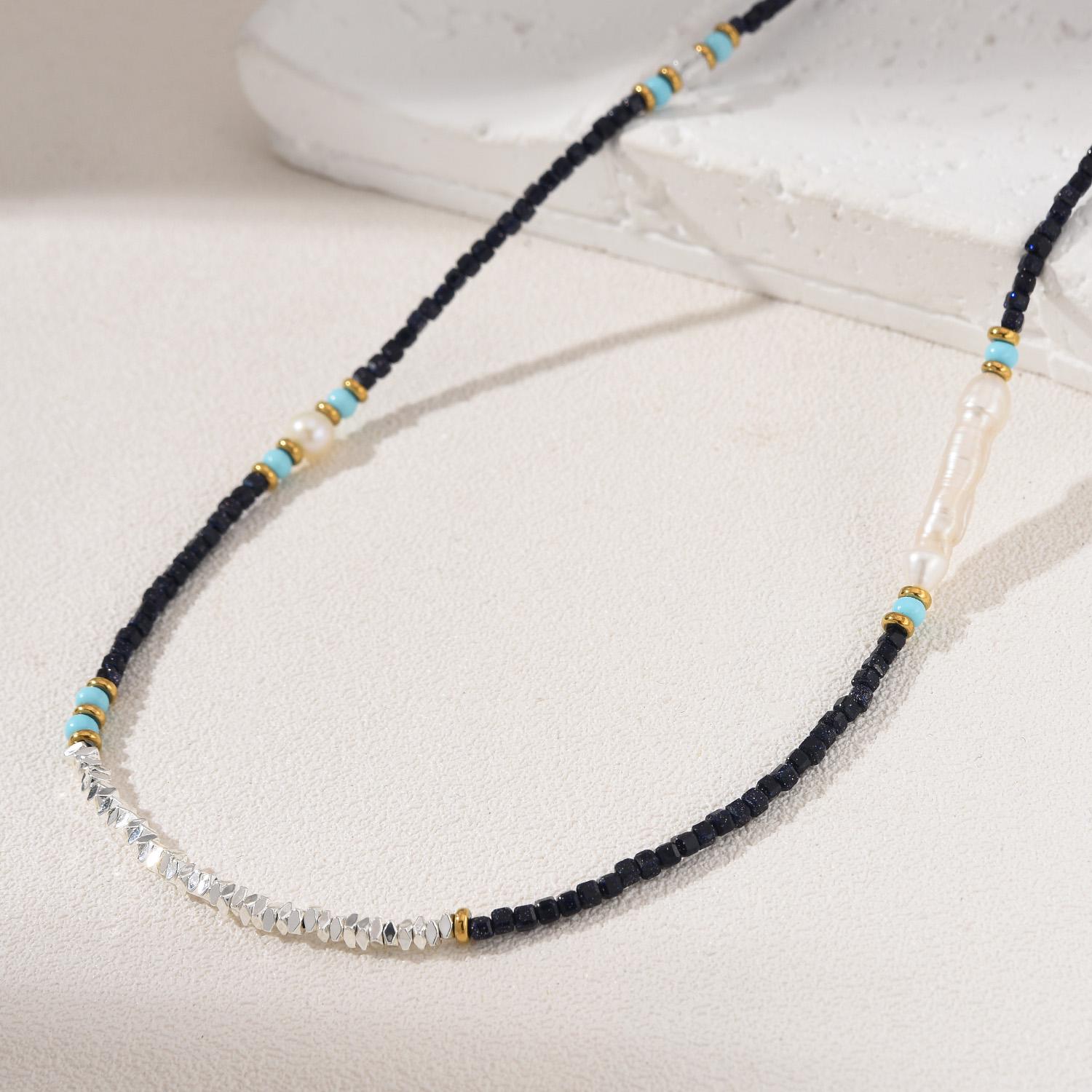 Collier Perles D'eau Douce Et Spinelles Noires – Fait Main, Style Baroque – Longueur 39 Cm