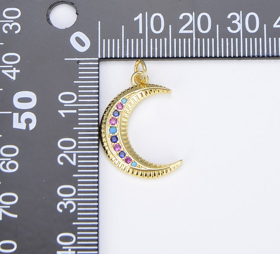 Crescent Moon Pendant With Colorful CZ Micro Pave, Gold