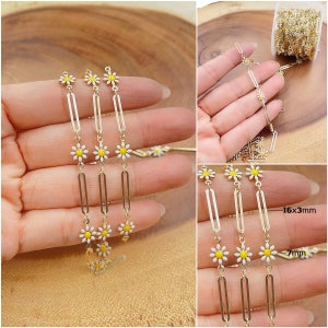 Daisy Flower Enamel Chain by Yard, Gold Filled Elongated Unique Paperclip Chain by Foot, Wholesale Bulk Roll Chain for Jewelry Making, CH312