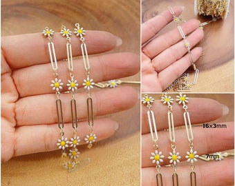 Daisy Flower Enamel Chain in Gold Filled, Elongated Unique Paperclip Chain by Foot, Wholesale Bulk Roll Chain for Jewelry Making, CH312