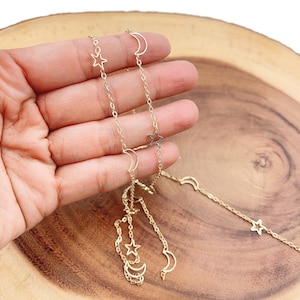 Gold Star And Moon Chain, 14K Gold Filled Star and Crescent Moon Chain Rosary Chain Findings, DIY Chains Crafts Accessories Bulk , CH158