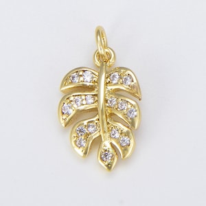 Monstera Leaf Charm CZ Micro Pave, Gold Filled Monstera Deliciosa Split Leaf, Swiss Leaf Bracelet Necklace Pendant for Jewelry Making, CP025