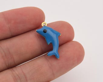 Dolphin Add-On Charm in Gold Filled, Blue Enamel Ocean Animal Pendant in Stainless Steel for DIY Necklace Bracelet Jewelry Making, SCP124