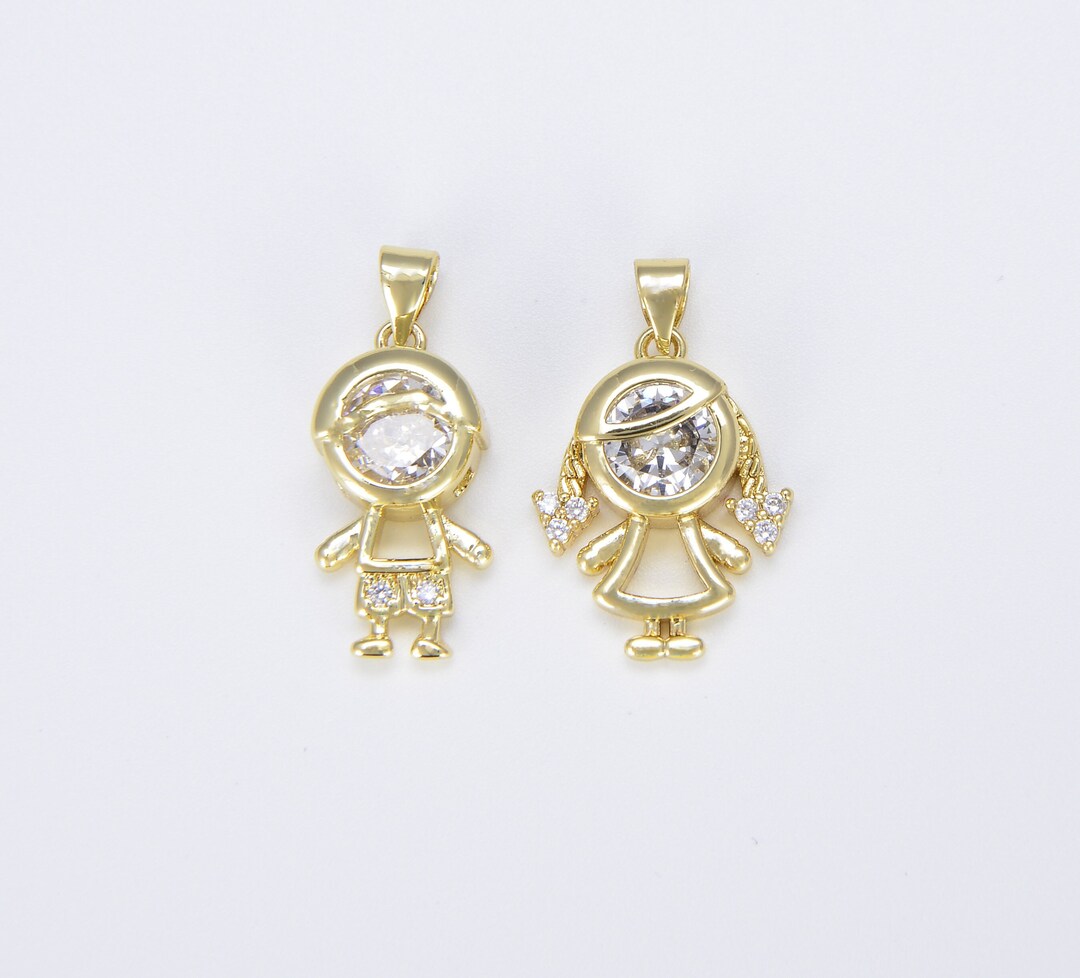 18K Gold Boy and Girl Charm Pendant, CZ Micro Pave Boy and Girl Pendant
