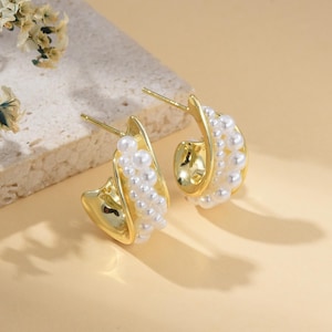 Chunky Pearl Hoop Earrings, Gold Plated Brass Huggie Hoops with Faux Pearl Beads, Dainty Bold Statement Earrings Gift for Women, ER337