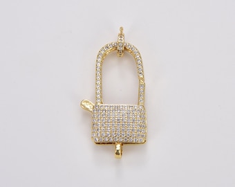Chiusure a moschettone in oro 14K con micro pavé di zirconi cubici, micro pavé di zirconi cubici, chiusure a moschettone con pavé di zirconi cubici, rinforzatori, gioielli con chiusura in zirconi cubici, 37 x 15 mm, CL219