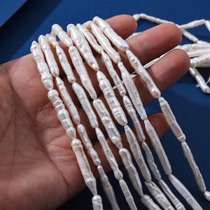 Top to Bottom Drill Pearl Bead Toothpick Pillar, Bar Pearl Freshwater Pearl Strip Loose Necklace Beads, Natural white Pearls Necklace,FWP011