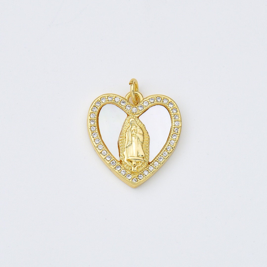 Virgin Mary in Heart Pearl Shell Add-on Charm, CZ Micro Pave Gold ...