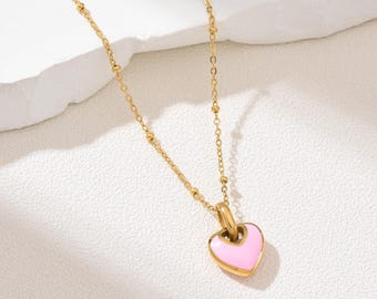 Gold filled roze hart hanger ketting, minimalistische roestvrijstalen ketting, sierlijke gelaagdheid sieraden, romantisch cadeau voor haar, handgemaakt, SNL047