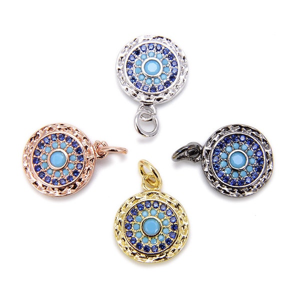 Round Turquoise Evi Eye Charm with Sapphire, CZ Micro Pave Evil Eye Add-on Charm Necklace Pendant Bracelet Earring for Jewelry Making, CP078