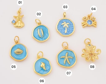 Zawieszki plażowe z wypełnioną złotem emalią do bransoletek DIY, wisiorek z muszli rozgwiazdy oceanicznej, ośmiornicy, kraba, porcelanki, prezent, Lot006