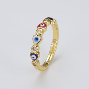 Rainbow Enamel Evil Eye Ring in Heart Shaped, Gold Filled Evil Eye Charm Ring, CZ Micro Pave Adjustable Ring, Open Ring Jewelry, RG090