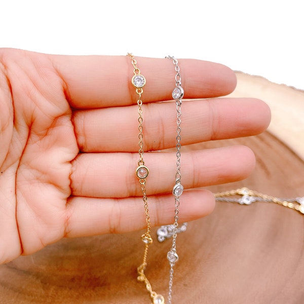 18K Gold Round Shape Chain Clear CZ Pave Diamond Chain by Yard, Crystal Rosary Bead Chain by Foot, Chain for Necklace Bracelet, 4/5mm CH003