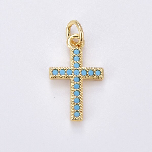 Cross Pendant, 18K Gold Filled CZ Micro Pave CZ Turquoise Cross Charm, Religious Add-On Charm for Bracelet Necklace Earring SupplyCP007