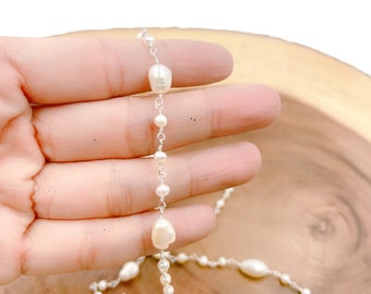 Freshwater Baroque Pearl Beaded Chain, Rose Gold Pearl Chain by Foot, White Fresh Water Pearl Chain Necklace Jewelry 6-7mm,CH241