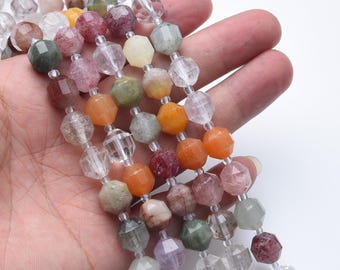 Natural Grade AAA Mix Quartz Faceted Round Beads, Prism Cut Beads Strand 15.5", Gemstone Loose Beads for Jewelry Making, DIY Crafts, GRN626