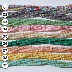 May include: Nine strands of small, flat, circular disc-shaped beads arranged horizontally. The strands feature various colors including multicolored, gray, light green, pink, white, dark green, peach, yellow, and light blue, each labeled with numbers 01 to 09.