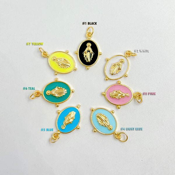 Enamel Virgin Mary Charm, Our Lady Of Guadalupe, Virgin Mary Necklace, Virgin Mary Bracelet, Virgin Mary Pendant Gold Filled, 19x13mm, CP882