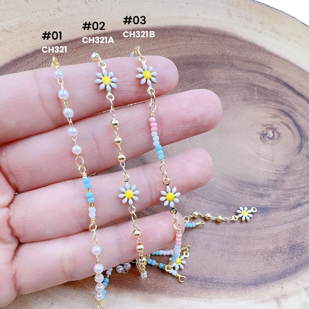 Enamel Daisy Flower Chain by Foot, Gold Filled Seed Bead Mother of ...