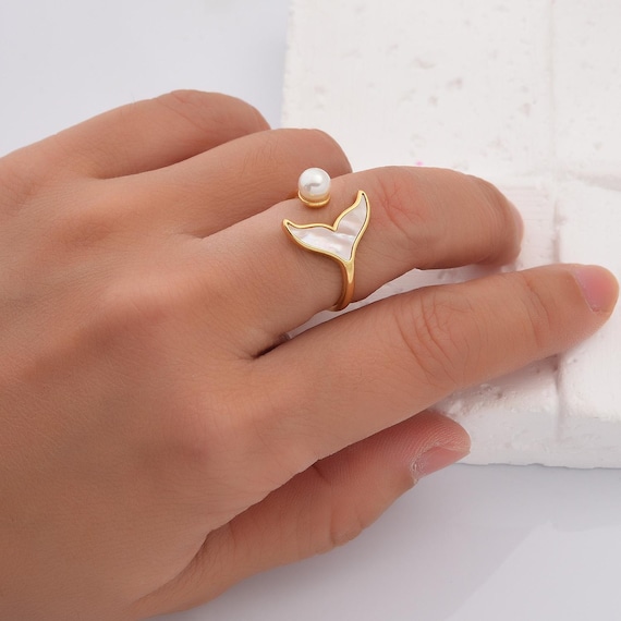 Shell Fishtail Ring with Half Perforated Pearl Holder Gold Filled, Mermaid  Tail Open Ring, Stylish Open Ring, Whale Tail Pearl Ring, RG217