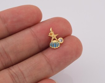 Starfish and Shell Add-On Charm for Bracelet, Ocean Beach Necklace Pendant with CZ Accent and Blue Enamel, Summer DIY Jewelry Making, CP2231