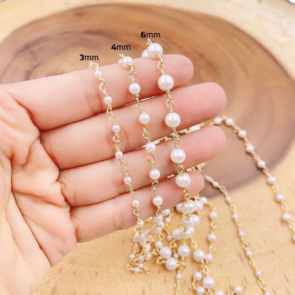 Gold Filled White Pearl Beaded Chain, Mother of Pearl Rosary Chain, Bulk Chain, Round Pearl Beads, Beaded Chain,Pearl Necklace Chain, CH155