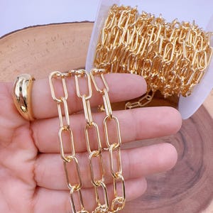 22K Gold Filled Paperclip Chain Necklace Chain, Thick Soild Gold Flat Oval Link Paper Clip Chain Necklace for Jewelry Making , 16x7mm, CH097