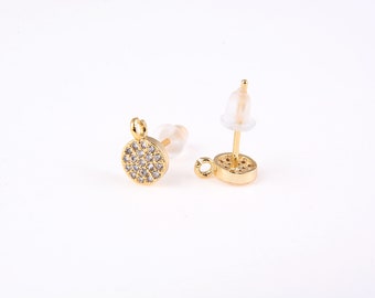 6mm Gold Disc Cubic Zirconia Earring with Loop, CZ Micro Pave Round Coin Circle Earrings Studs, DIY Jewelry Making Supplies, Gift ER006