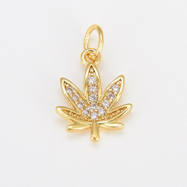 CZ Micro Pave Marijuana Leaf Charm Pendant, Gold Filled Weed Leaf Charm Pot Leaf Charm Cannabis Charm Marijuana Necklace Bracelet, CP686