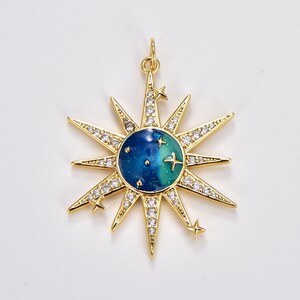 Galassie Celestiali Creazione di gioielli Ciondolo per collana, Centro in smalto dorato Trasparente CZ Micro Pave Sun Burst Charm per braccialetto, CP1770