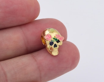 Sugar Skull Charm Bead in Gold Filled, Enamel Skull with Flowers for Necklace Bracelet Earring DIY Jewelry Making, Halloween Gift, BD182