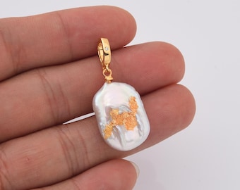 Rectangle Baroque Pearl Necklace Pendant Gold Flakes, Gold Filled Irregular Freshwater Pearl Add-On Charm for Bracelet Jewelry Making CP2242