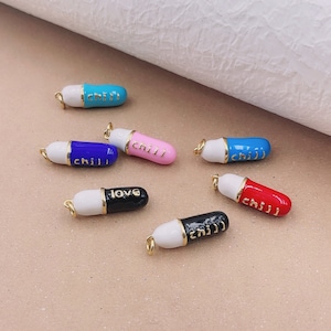 Enamel Pill Pendant, Chill Pill Charm, Love Pill, Chill Charm , Gold Filled Pendant for Bracelet Necklace Earring Component,24x8mm,CP1317