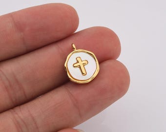 Kruisbedel parelmoer inlegwerk gold filled, ronde religieuze ketting hanger bedel voor armband, christelijk geloof sieraden maken, CP2238
