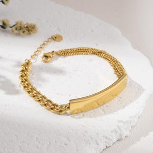 Gold Filled Hammered Bar Chain Bracelet, Chain Link Design, Stainless Steel Parts Adjustable Multi Chain, Minimalist Jewelry Gift, SBR033