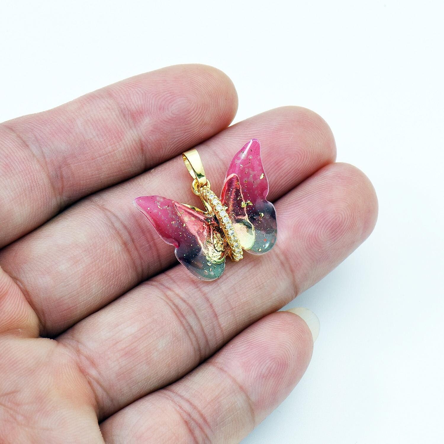 Enamel Mariposa Necklace Pendant CZ Micro Pave, Dainty Gold