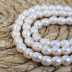 White 6-7mm Rice Freshwater Pearl Beads, Full 7.5” Strand of Rice Shaped Pearls Bead Large Hole, Pearl Necklace Pendant Beads, FWP041