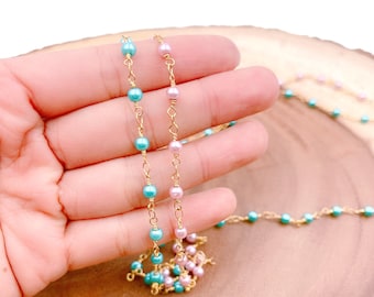 Shell Pearl Beaded Chain, Wholesale bulk roll Gold Plated Pearl Wire Wrapped Rosary Chain for Necklace Bracelet DIY Jewelry Making, CH192