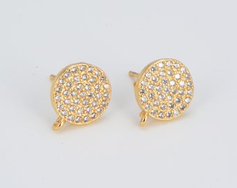 Disc Cubic Zirconia Earrings, 9mm Tiny Circle CZ Micro Pave Earrings, Gold Disc Stud Earrings, Ear Stud Findings, DIY Jewelry Making, ER005