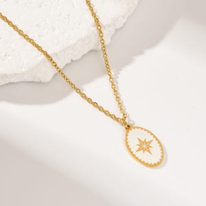 Gold Filled Starburst Oval Pendant Necklace, Enamel Stainless Steel Add-On Charm Necklace Pendant Women, Elegant Celestial Jewelry, SNL075